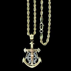 10K Real Gold Rope Chain and Anchor Cross Pendant Set